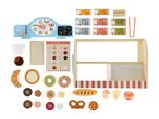 Wooden toy bakery set with cash register, play money, pastries, and display stand.