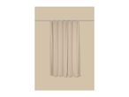 Beige shower curtain with a textured pattern, hanging from a silver rod.