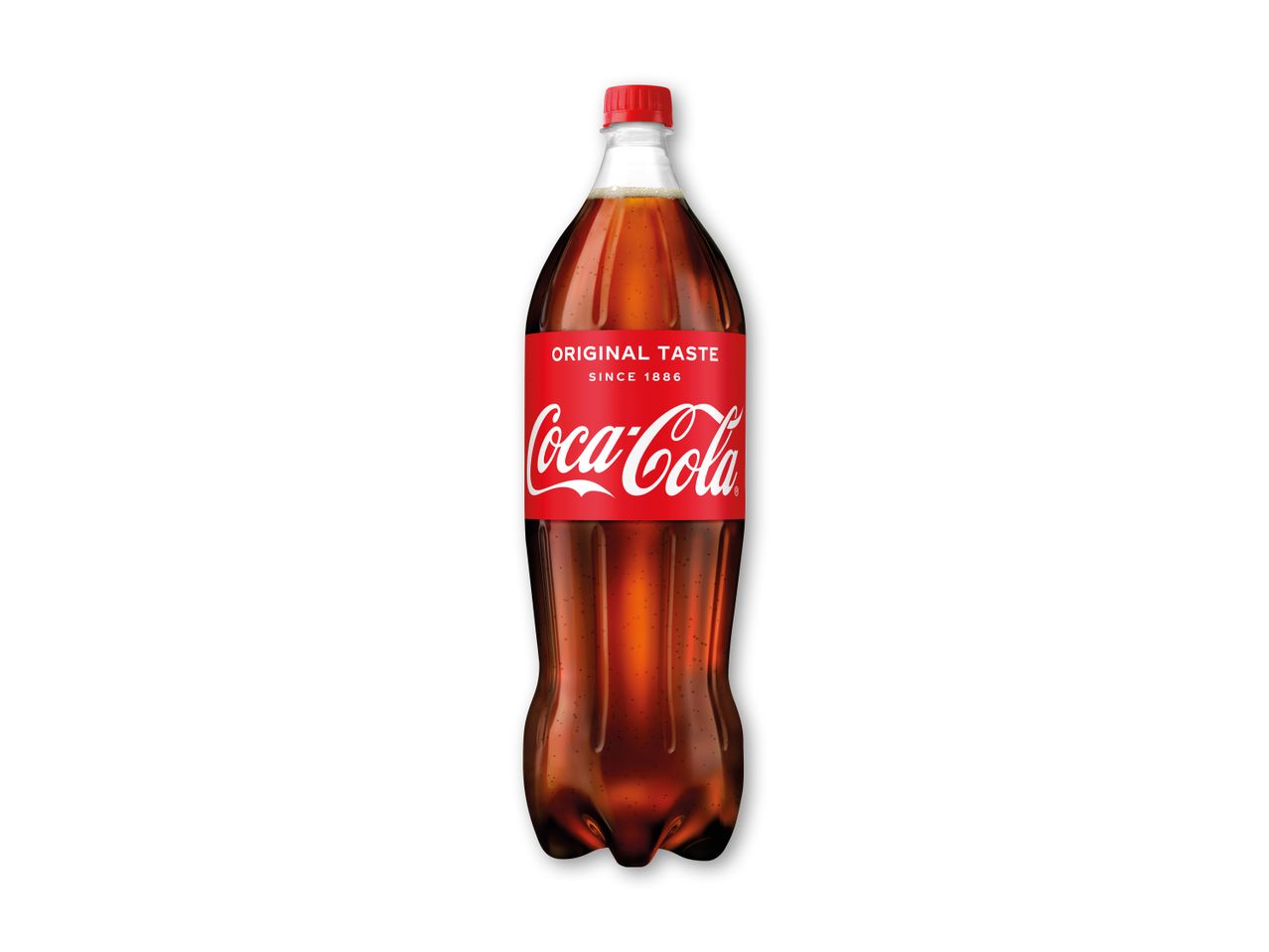 En stor flaske cola med en rød etiket, der siger 'ORIGINAL TASTE SINCE 1886'.