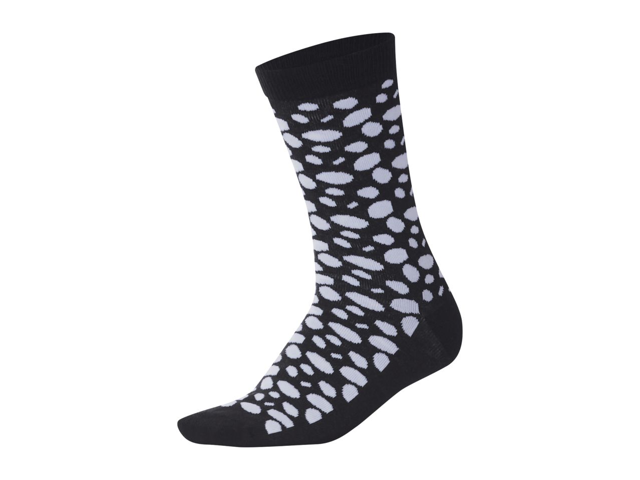 Black sock with white irregular polka dots
