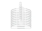 Stack of white plastic clothes hangers with grey non-slip grips and metal hooks.
