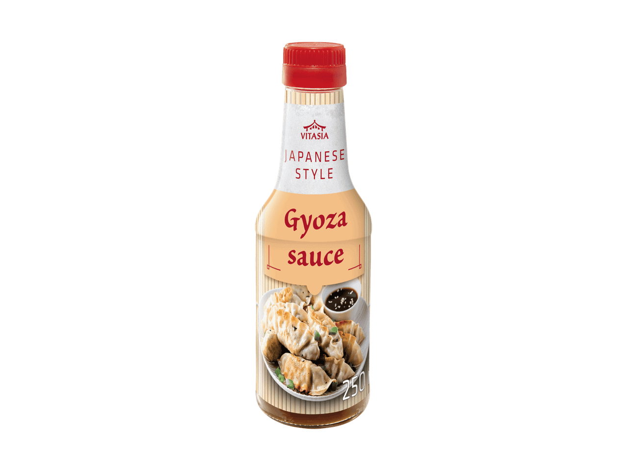 Bouteille de sauce Gyoza japonaise avec illustration de raviolis Gyoza et de sauce