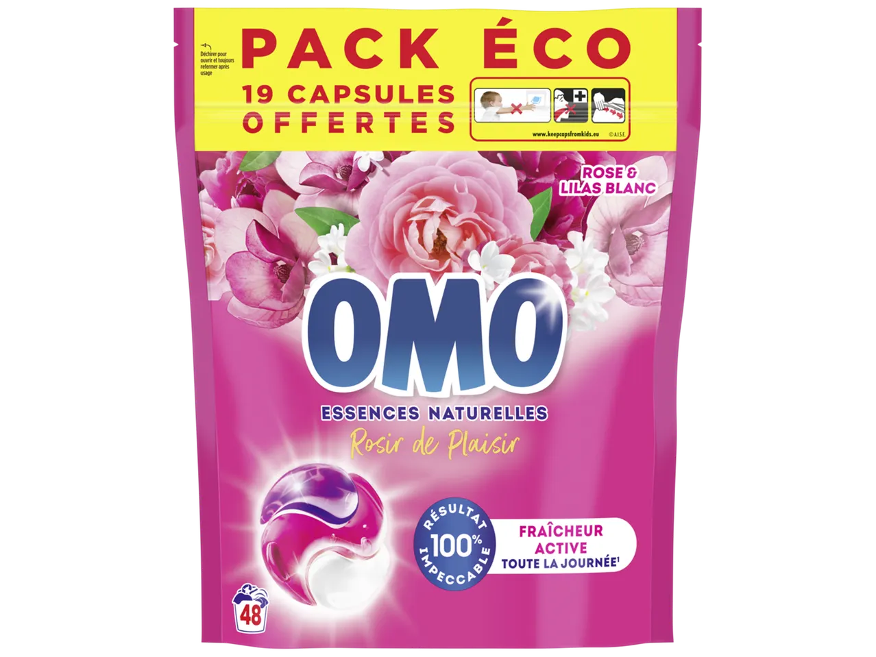 Sachet de lessive en capsules OMO aux essences naturelles de rose et lilas blanc, 48 capsules.