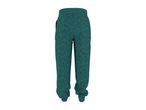 Kids' teal sweatpants with a playful dinosaur and footprint pattern.