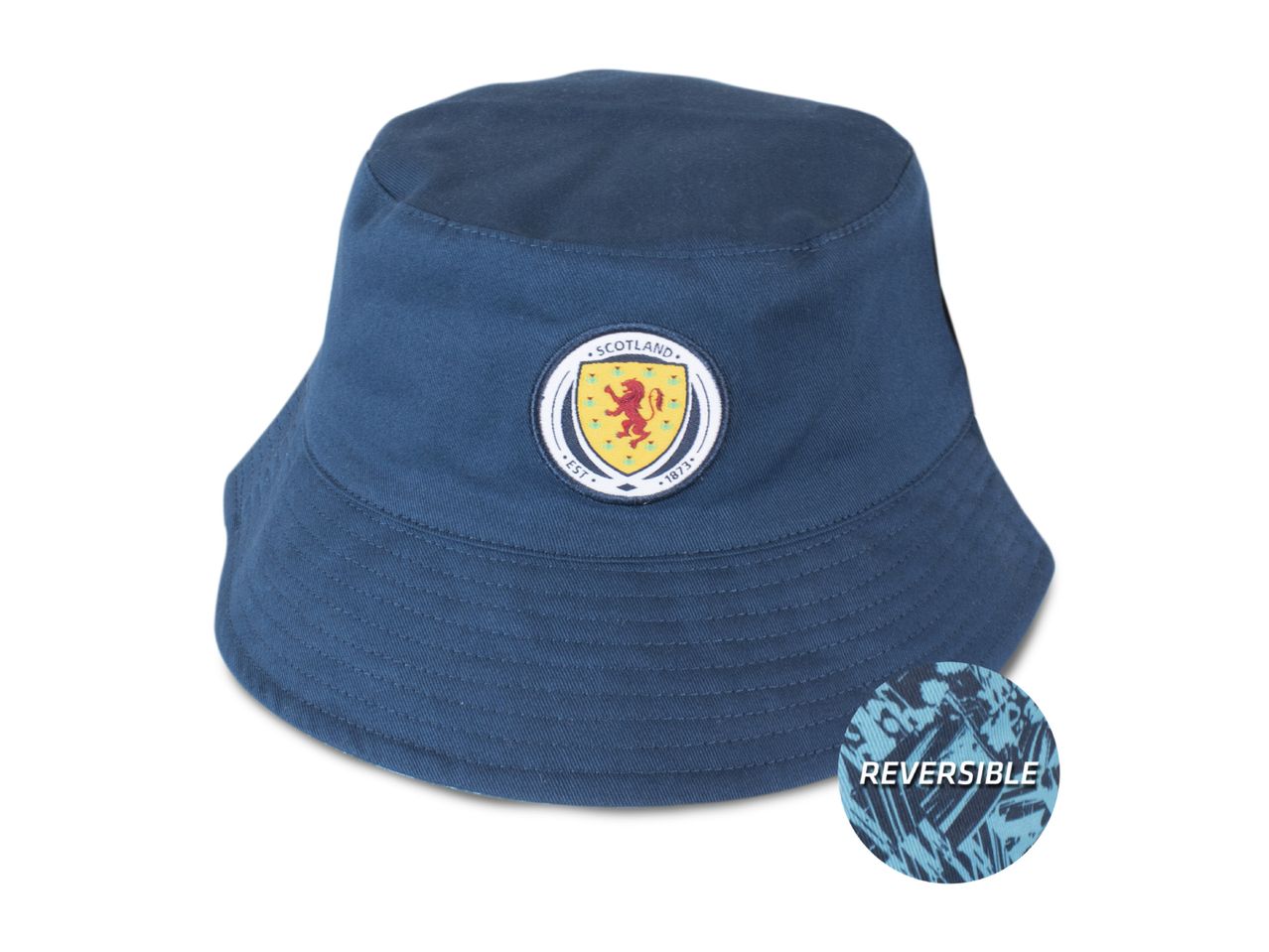 Navy blue reversible bucket hat with a Scotland crest and 'REVERSIBLE' text.