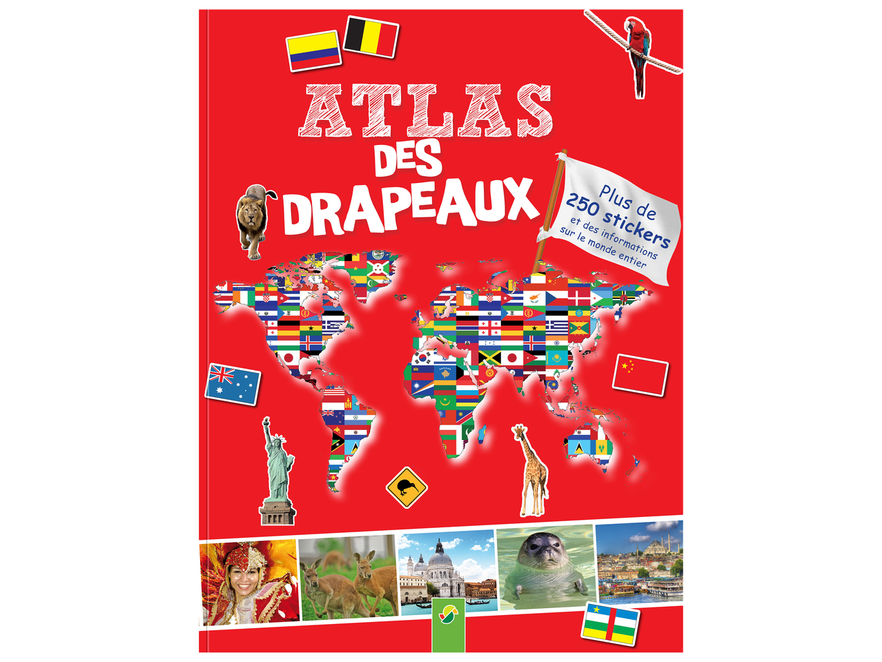 Couverture d'un atlas des drapeaux avec une carte du monde, des animaux et des monuments.