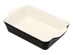 Black and white rectangular ceramic baking dish with ribbed sides