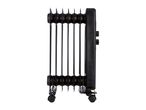 Black oil-filled radiator with wheels on a white background