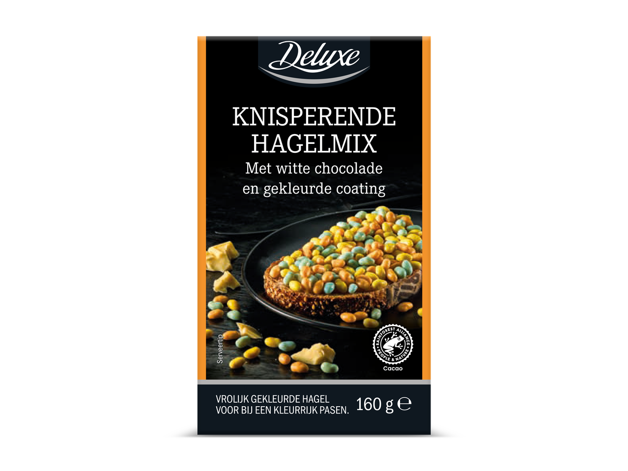 Deluxe Knisperende Hagelmix met witte chocolade en gekleurde coating, 160g.