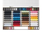 A sewing kit with spools and bobbins of thread in various colors