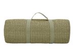 Rolled-up green woven beach mat with a carrying strap