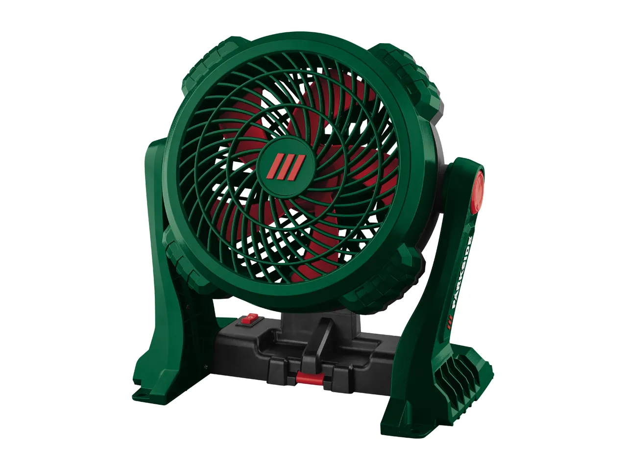 Green and red portable fan with a black base and red power switch