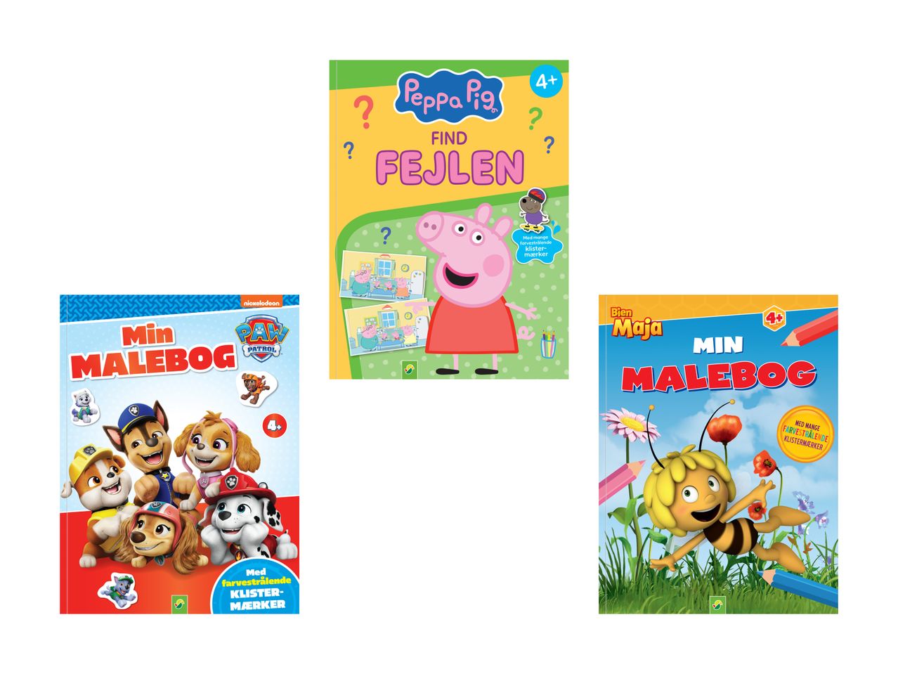 Tre børnebøger: Gurli Gris 'Find Fejlen', Paw Patrol 'Min Malebog' og Bien Maja 'Min Malebog'.