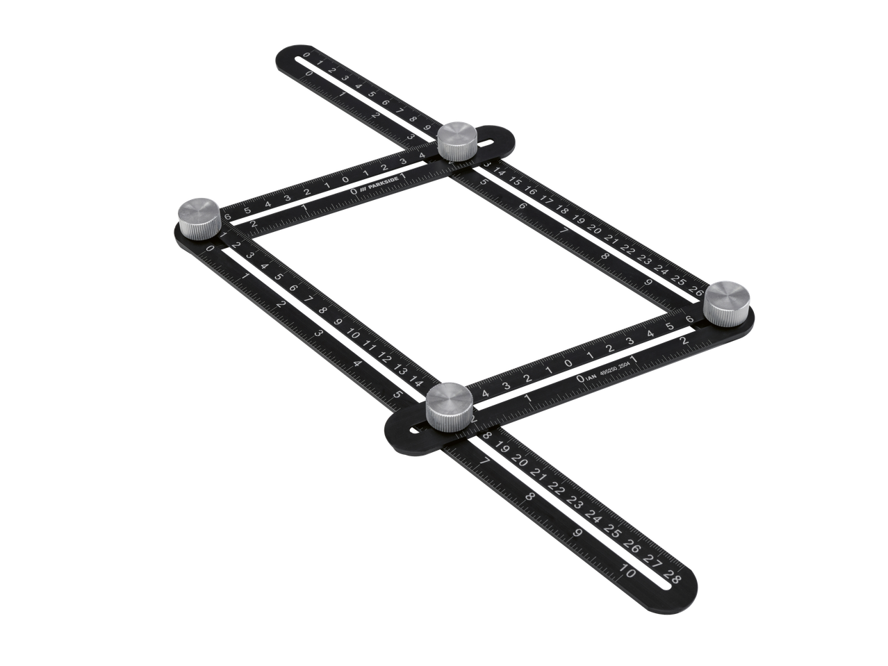 Ένας μαύρος χάρακας πολλαπλών γωνιών με ασημένια κουμπιά, που εμφανίζει διάφορες μετρήσεις.