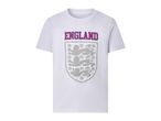 White short-sleeved t-shirt with 'ENGLAND' text and a shield with three lions.