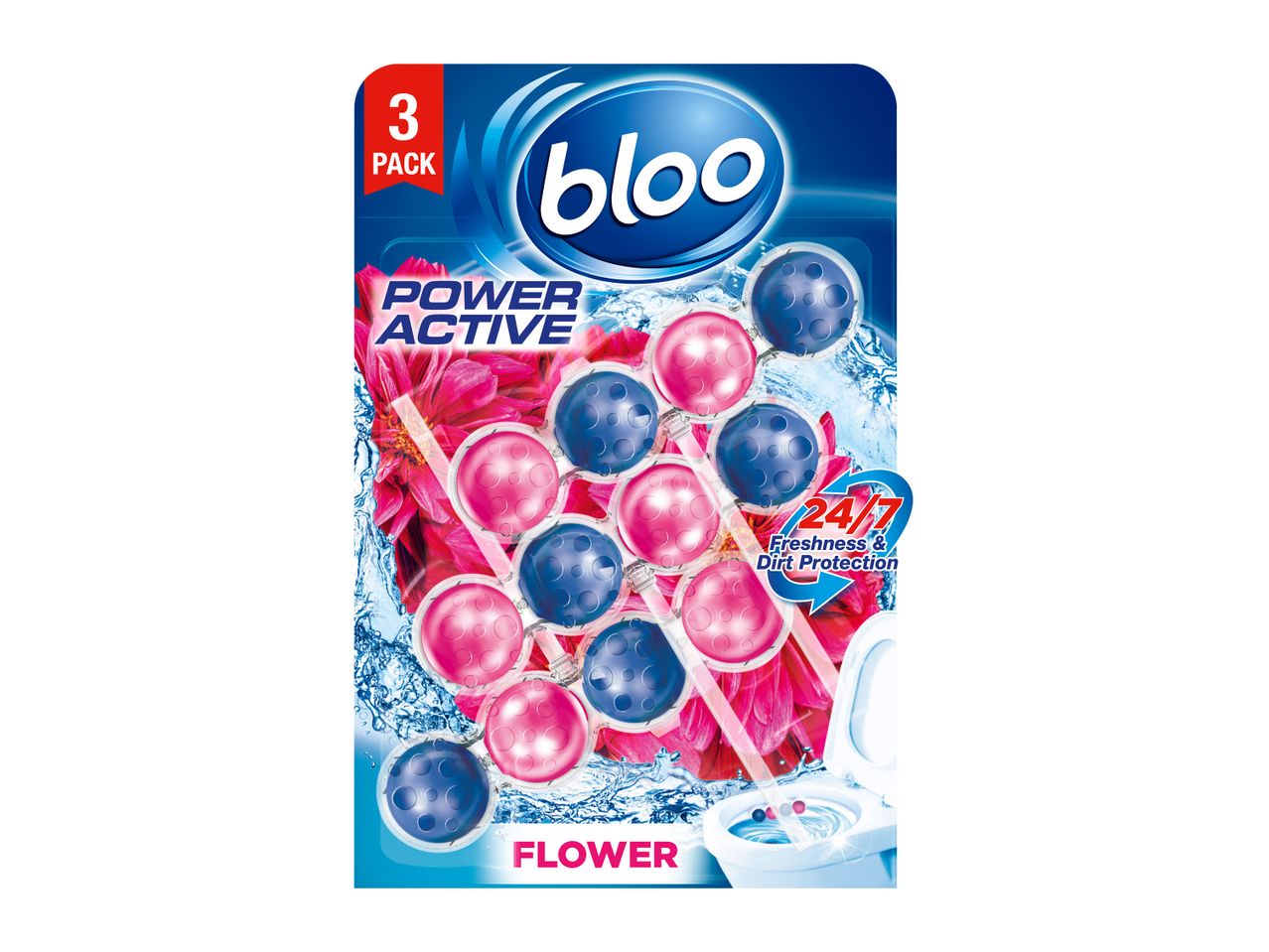 Bloo toilet bowl cleaner, 3-pack, Flower Active scent.