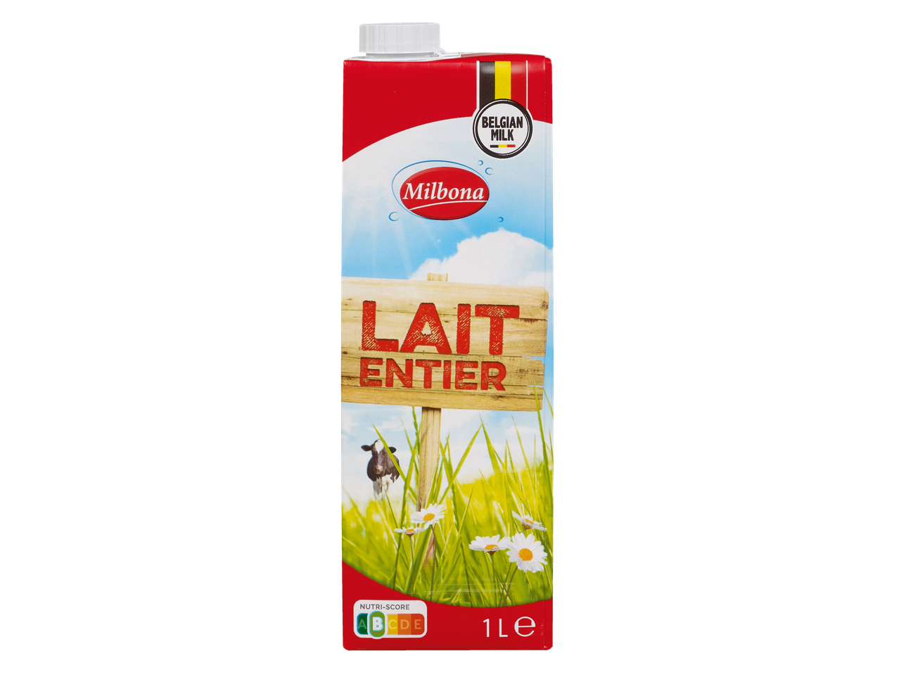 Carton de lait entier Milbona avec une scène de ferme et Nutri-Score A.