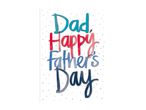 A Father's Day card with the text 'Dad, Happy Father's Day' in colorful, playful fonts.