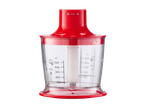 Red and clear plastic chopper attachment with measurement markings for a hand blender set.