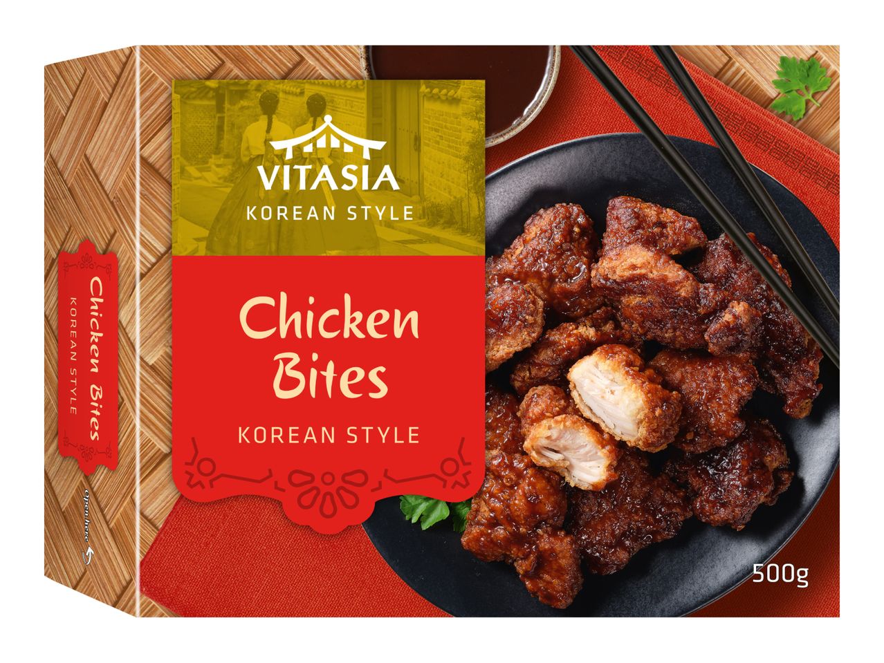 Korean style chicken bites in a red and yellow box, with a plate of chicken bites and chopsticks.