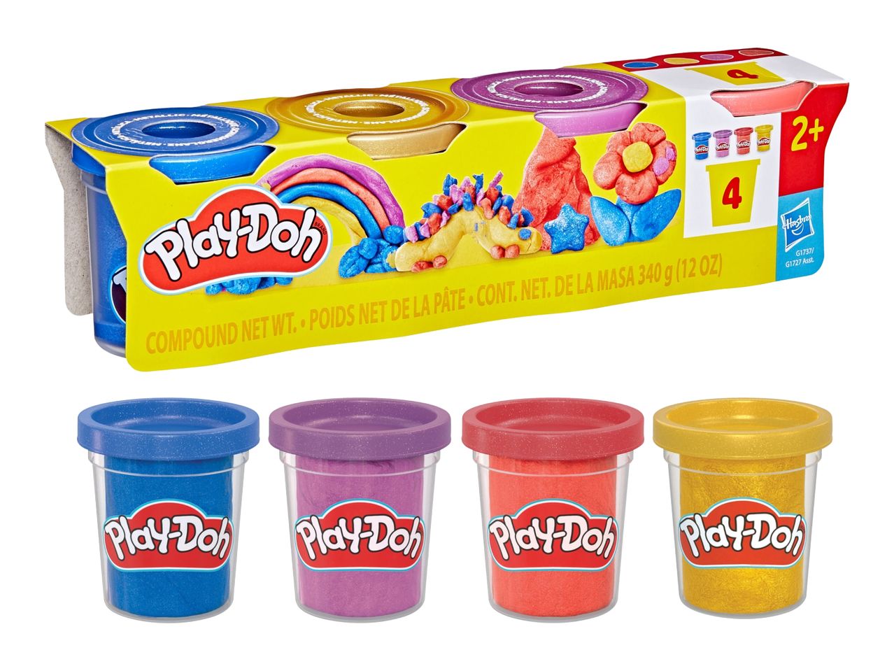 Play-Doh 4-pack with blue, purple, red, and gold glitter compound.