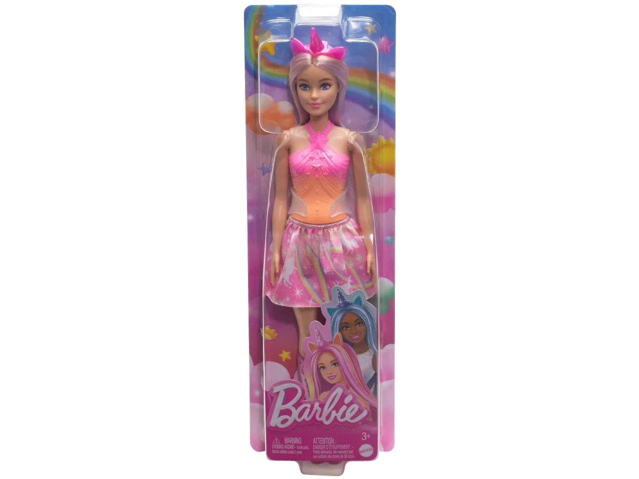 Unicorn-themed doll with pink and orange top, rainbow skirt, and unicorn headband.