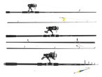 Tri štapa za pecanje s rolama i priborom, uključujući varalicu i plovak.