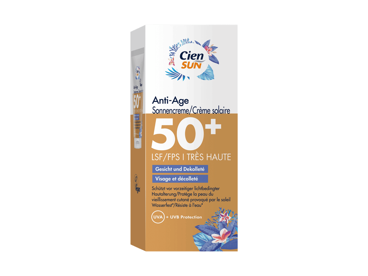 Anti-Age Sonnencreme mit LSF 50+ für Gesicht und Dekolleté, wasserfest.