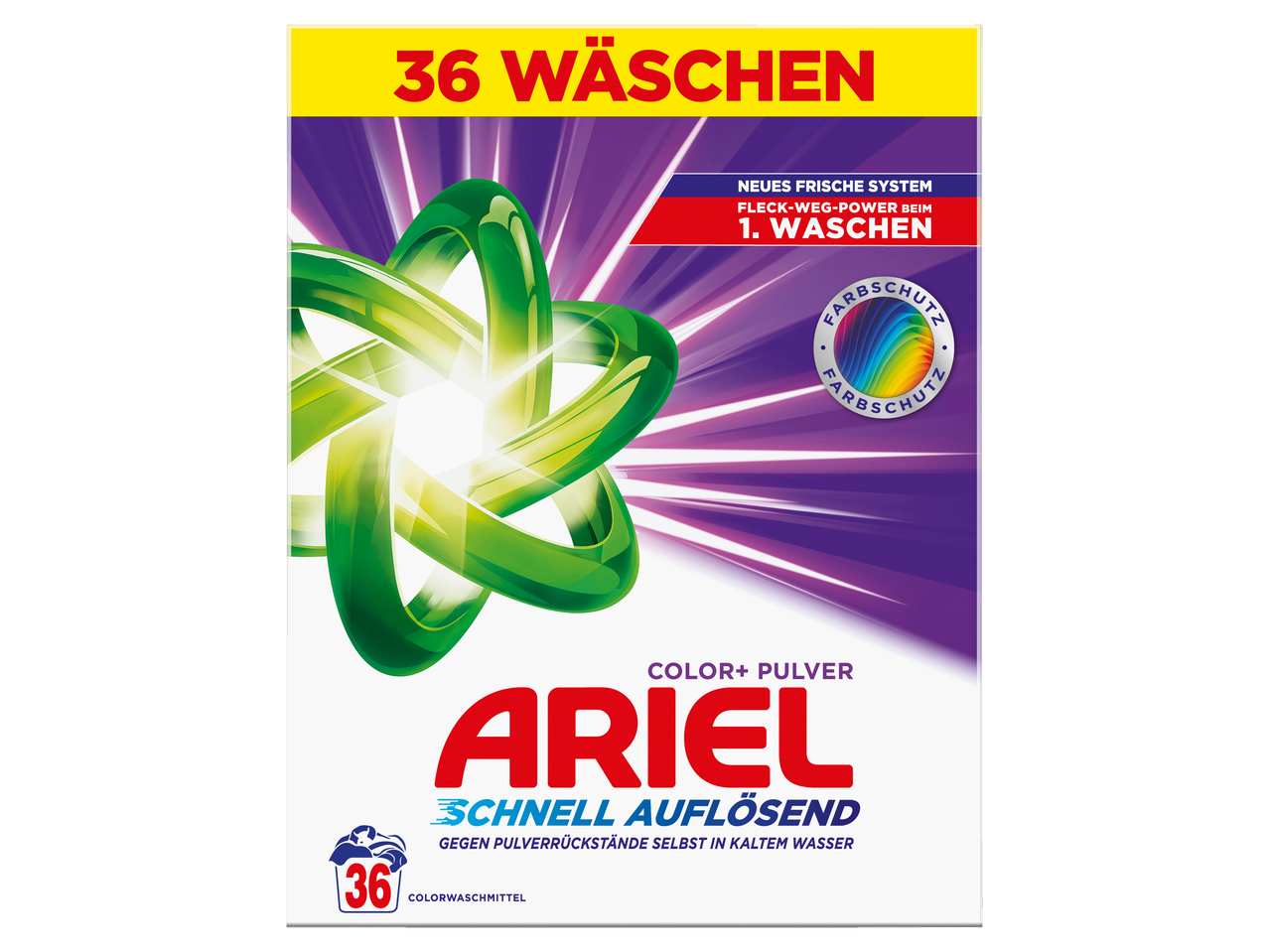 Ariel Colorwaschmittel Pulver für 36 Wäschen mit Fleckenentfernung und Farbschutz.