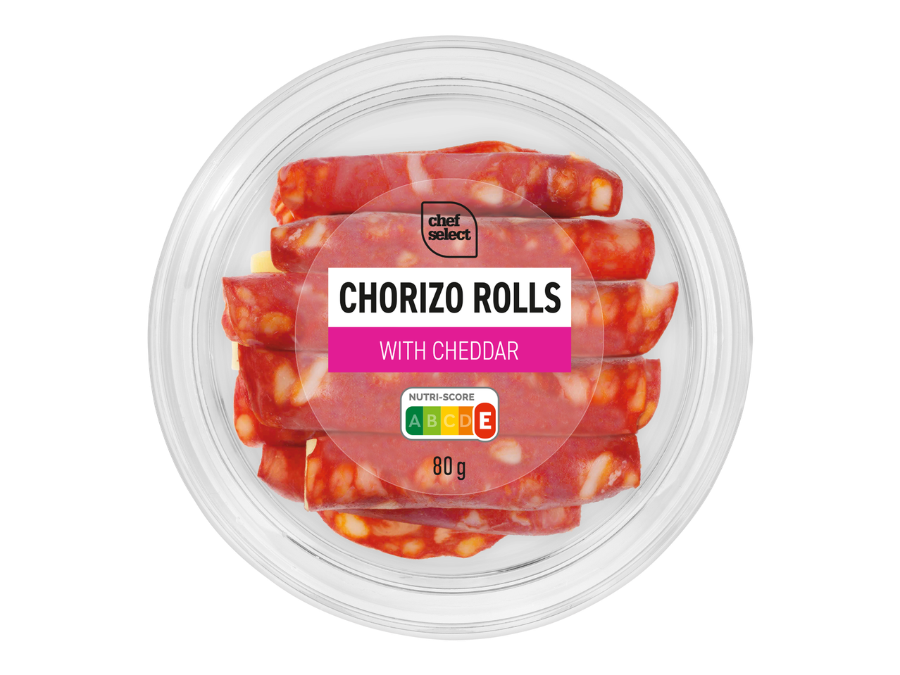 Rouleaux de chorizo au cheddar dans un emballage rond, avec Nutri-Score E et 80g.