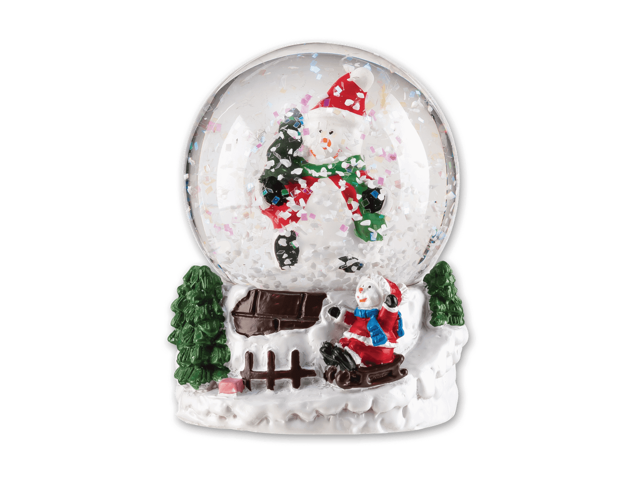 Schneekugel mit Schneemann und Kind auf Schlitten