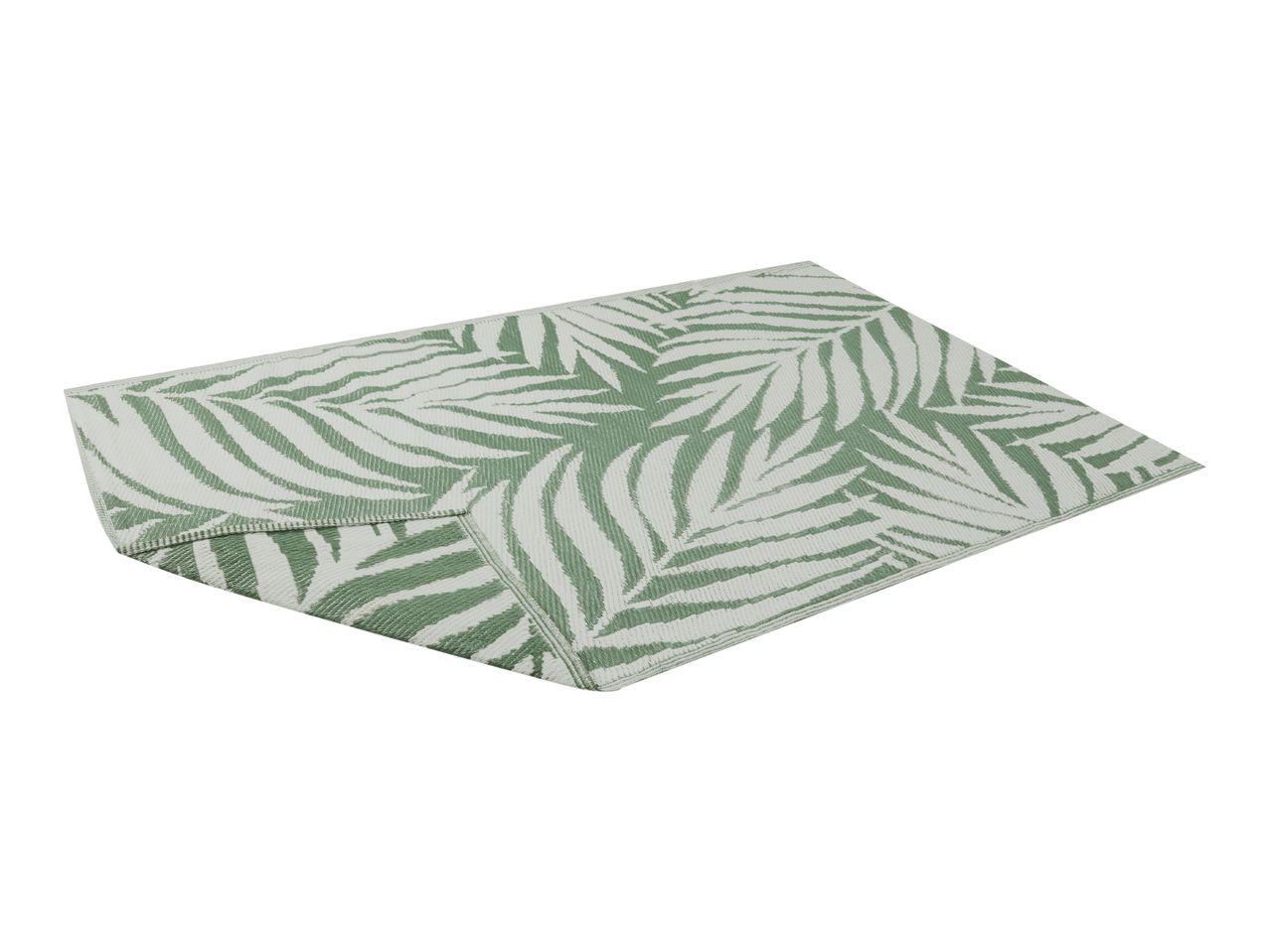 Green and white outdoor rug with a palm leaf pattern, folded at one end.