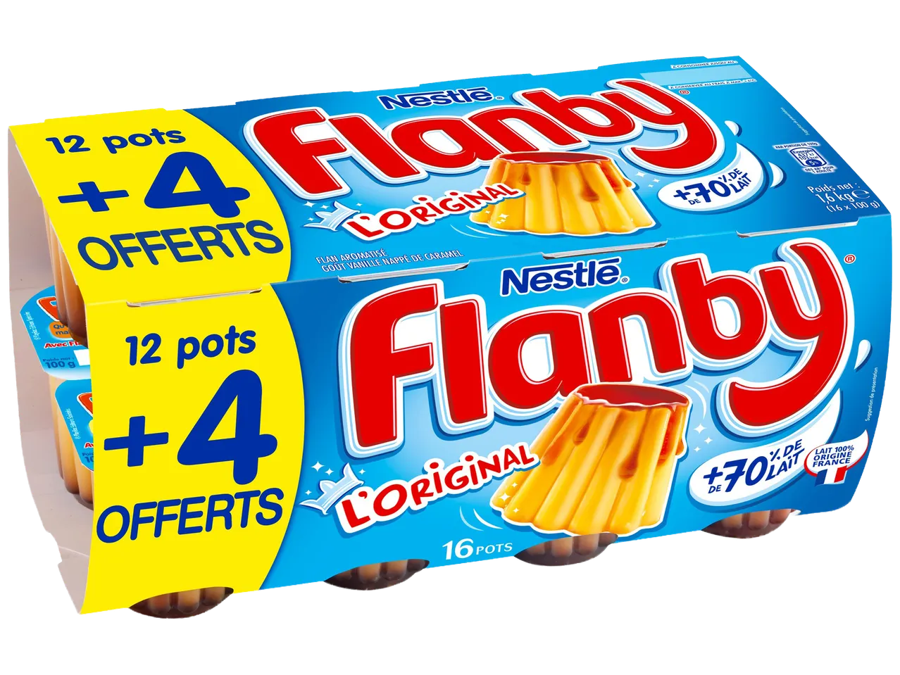 Paquet de flans au caramel, 16 pots dont 4 offerts.