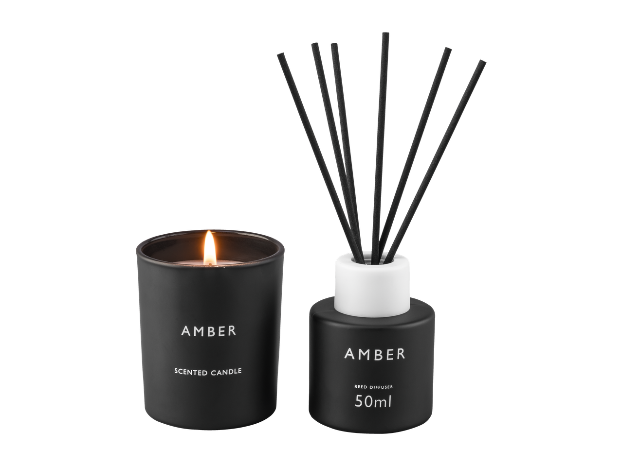 Zwarte geurkaars en geurverspreider met de tekst 'AMBER' en 'LIVARNO'.