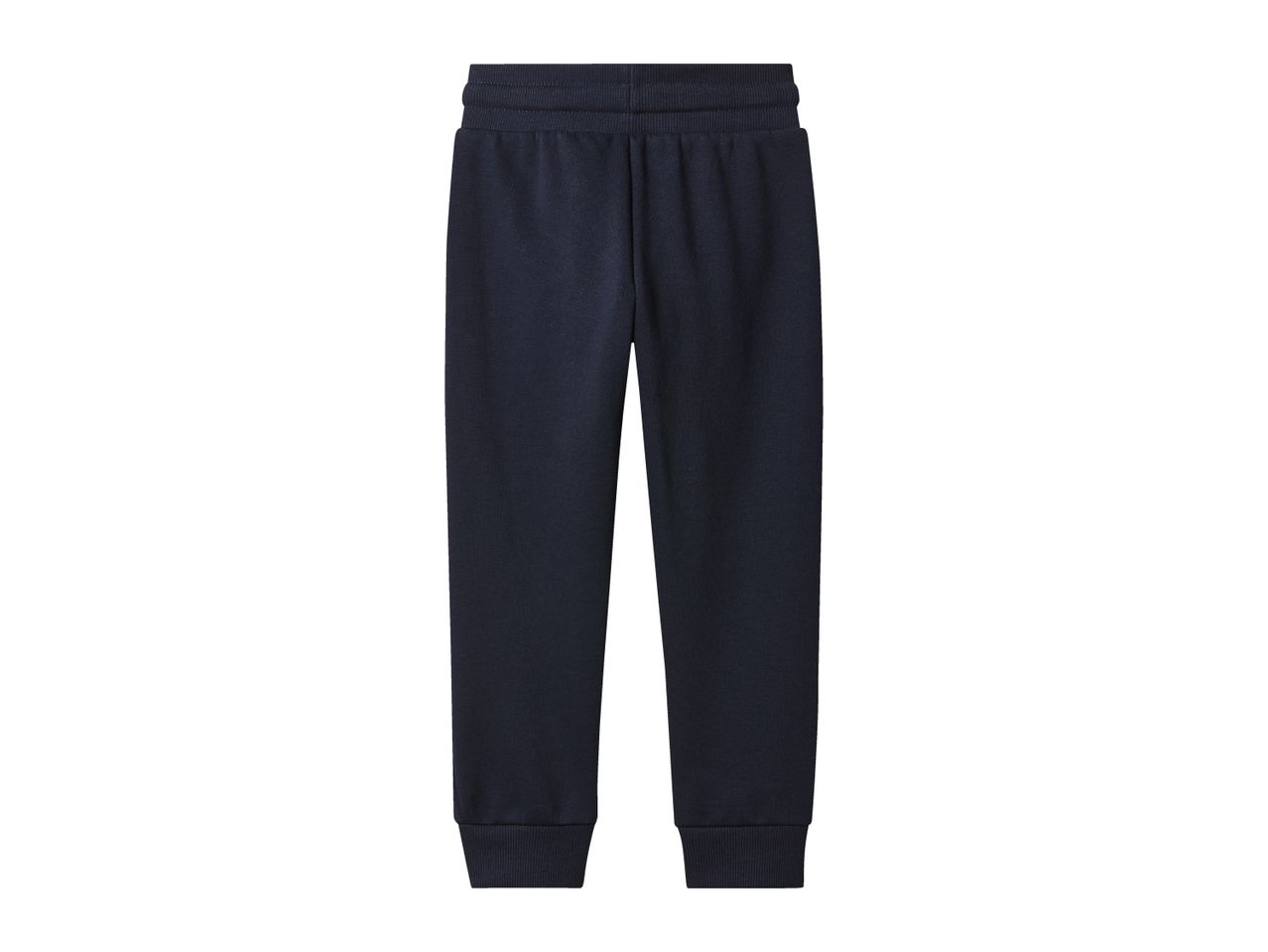 Dark blue sweatpants with an elastic waistband and ribbed cuffs.