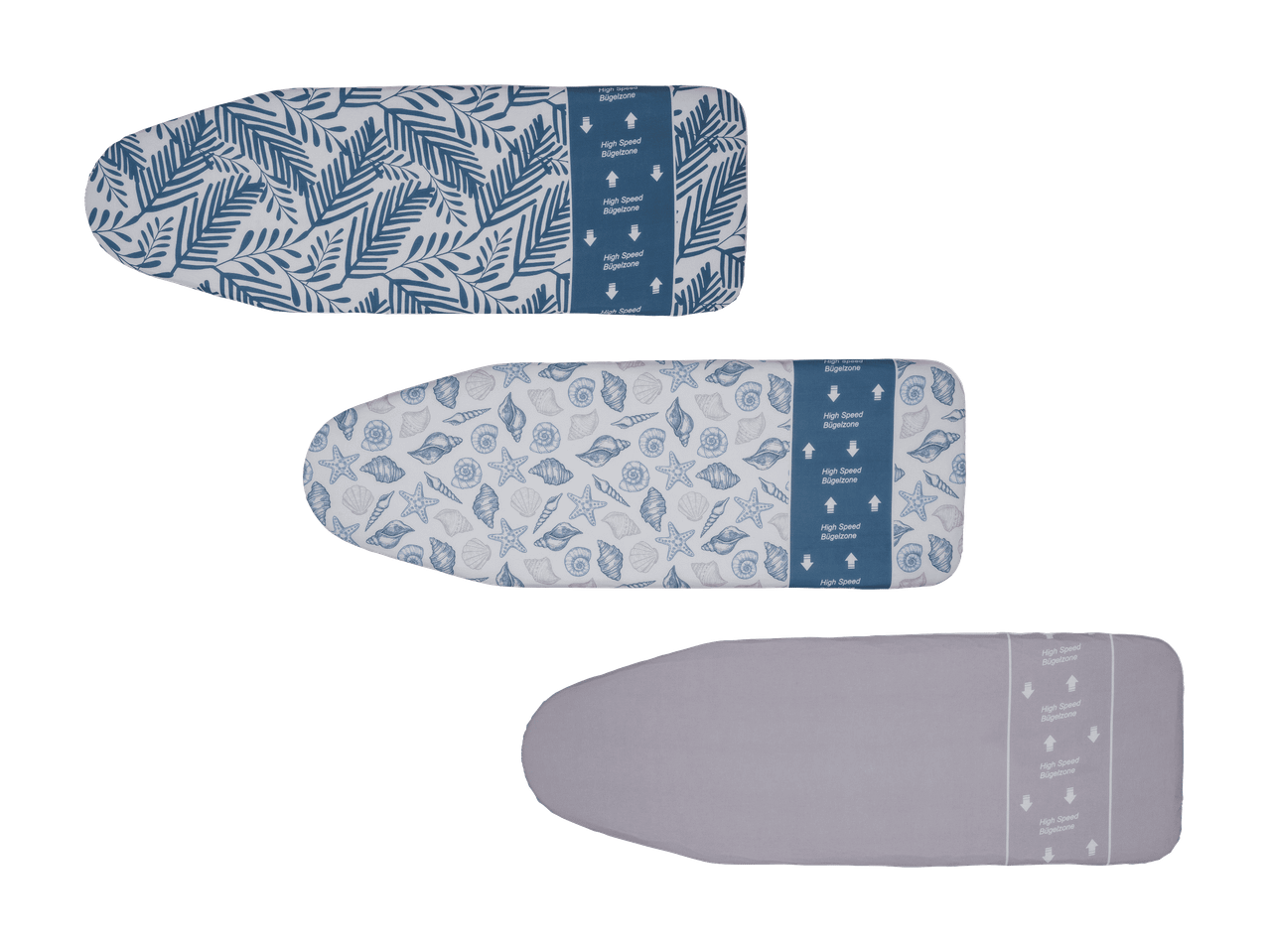 Trois housses de planche à repasser : deux à motifs (feuilles, coquillages) et une grise unie, toutes avec « High Speed Bügelzone ».