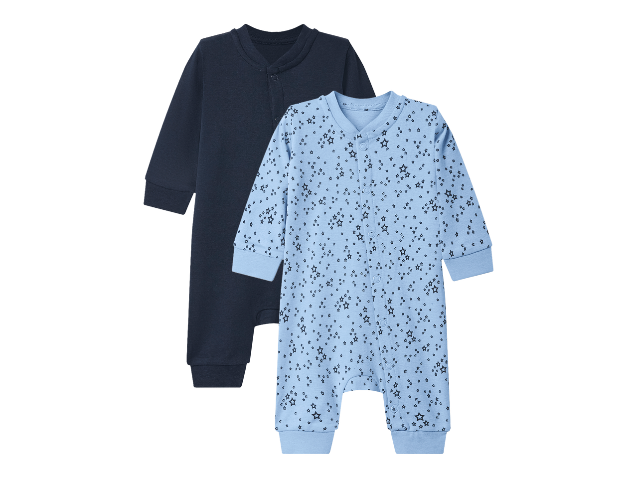 Dva dječja kombinezona, jedan tamnoplavi i jedan svijetloplavi sa zvjezdanim uzorkom.