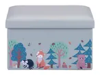 Light blue storage ottoman with a forest animal design featuring a raccoon, fox, and bear.