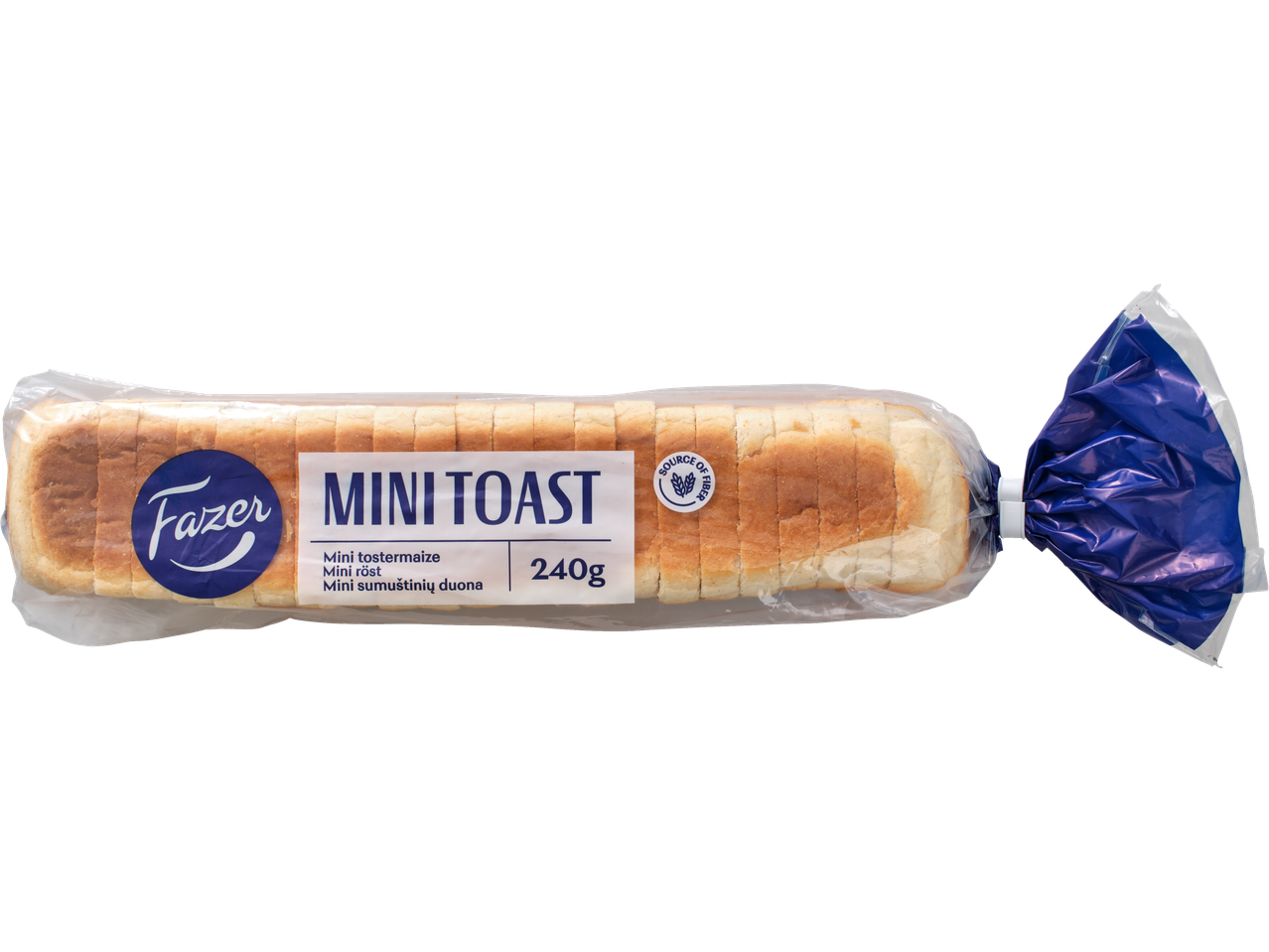 Fazer Mini Toast röstsai läbipaistvas pakendis sinise etiketiga, 240g.