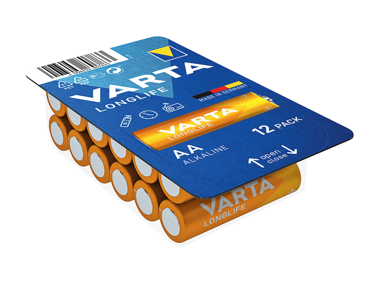 Confezione da 12 batterie alcaline AA a lunga durata, prodotte in Germania.