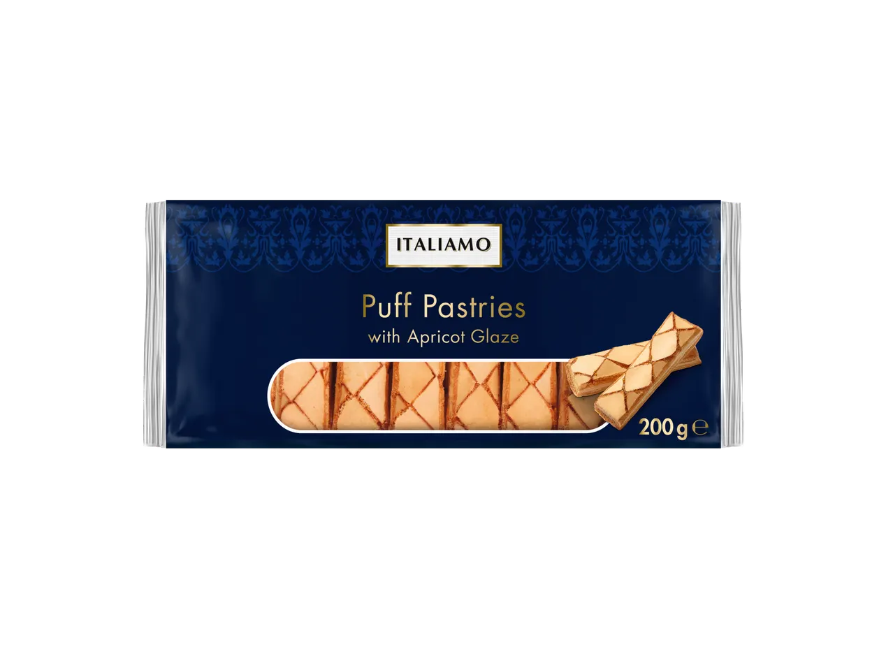 Italiamo Puff Pastries with Apricot Glaze, 200g, in a dark blue package.
