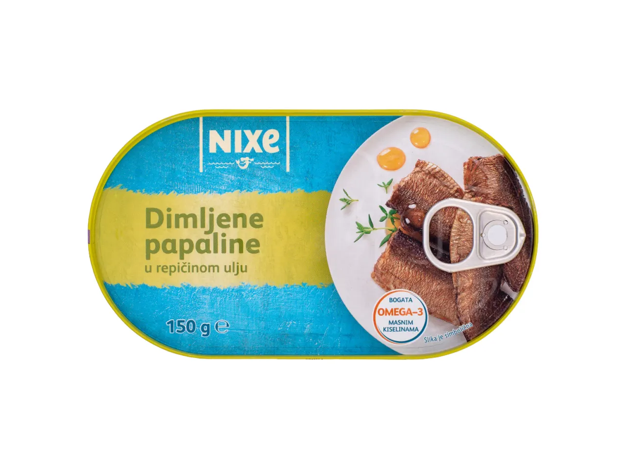 Konzerva dimljenih papalina u ulju, sa natpisom Nixe i informacijama o Omega-3.