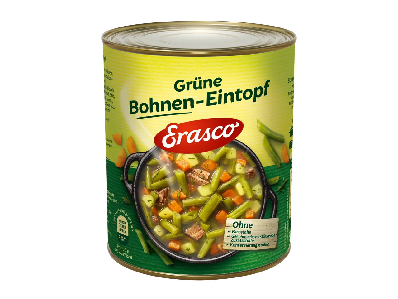 Dose Erbsen-Eintopf von Erasco, Zutaten und Produktdetails sichtbar.