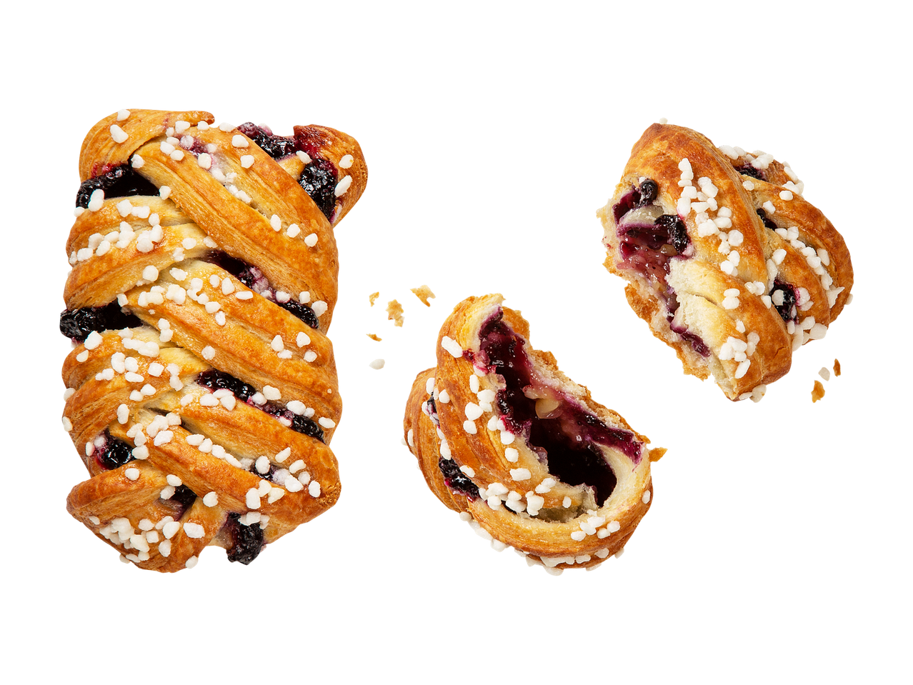 Mustikkapulla ja kaksi puoliksi syötyä mustikkapullaa, joissa on raesokeria.