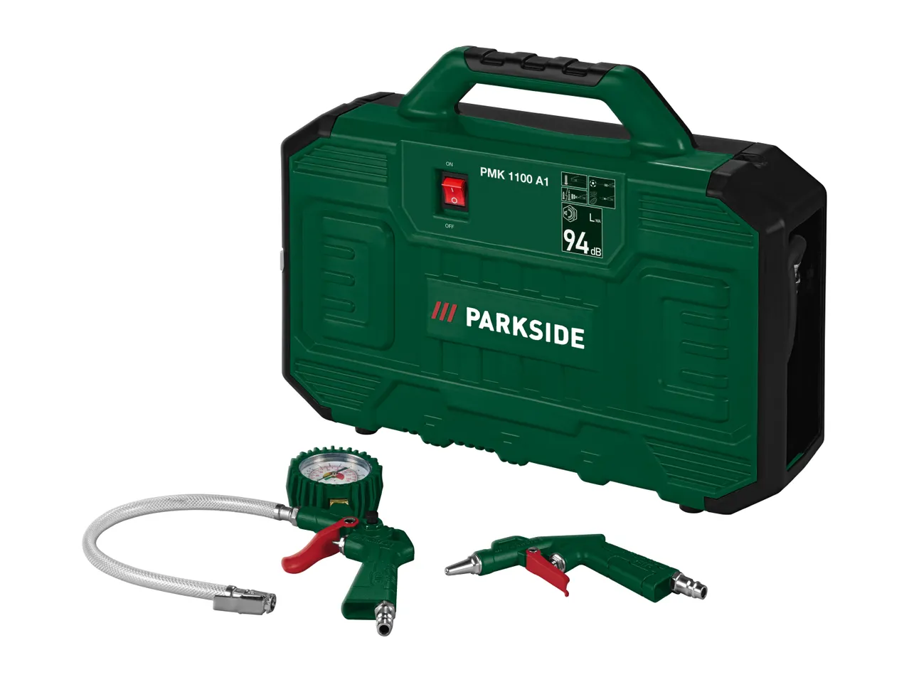 PARKSIDE PMK 1100 A1 compressor with pressure gauge and air gun accessories.