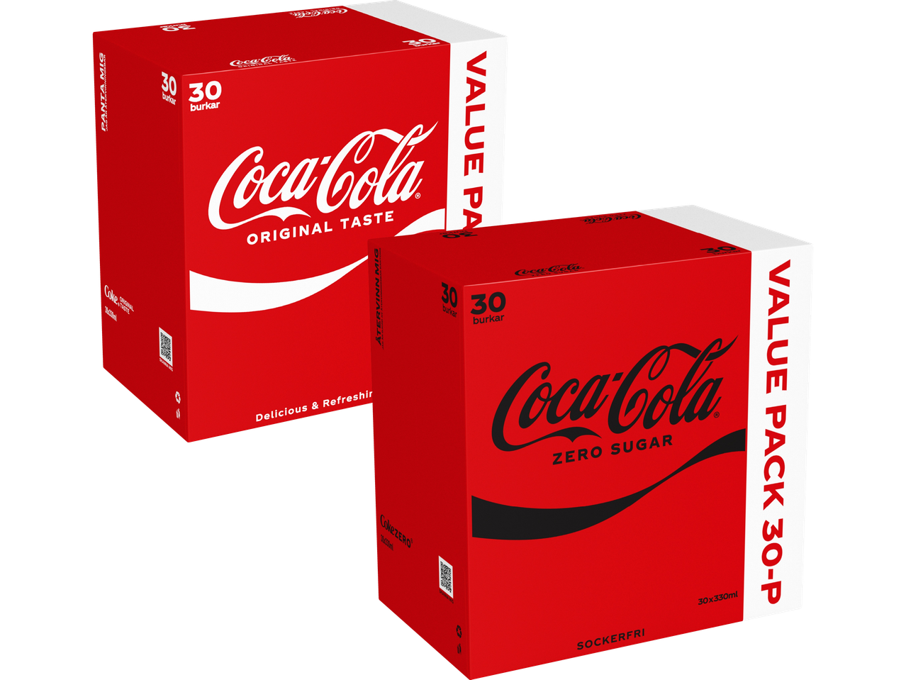 Två Coca-Cola-kartonger, en med vanlig cola och en med cola zero.