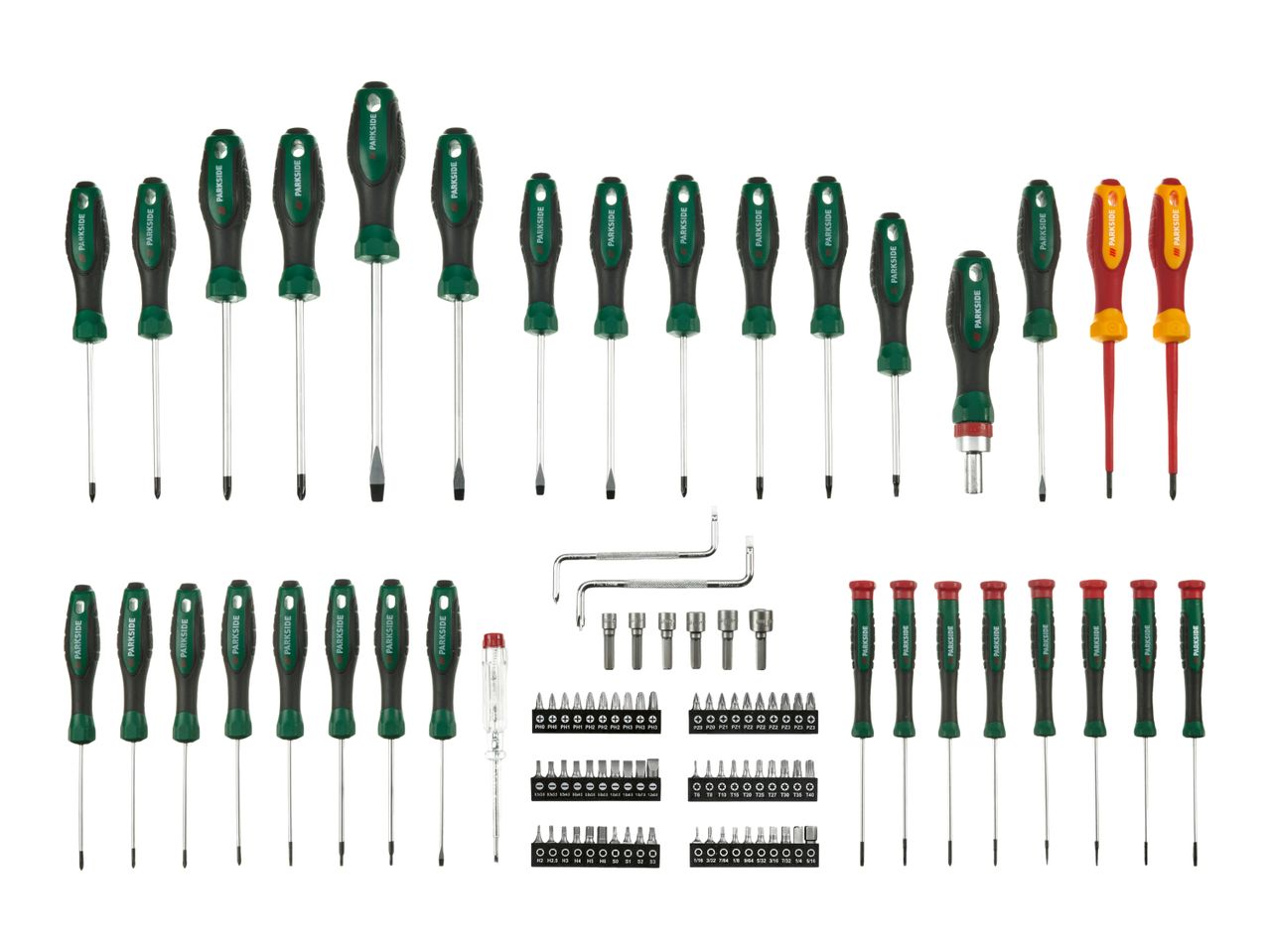 A comprehensive screwdriver set with various sizes, bits, and accessories, including insulated screwdrivers.