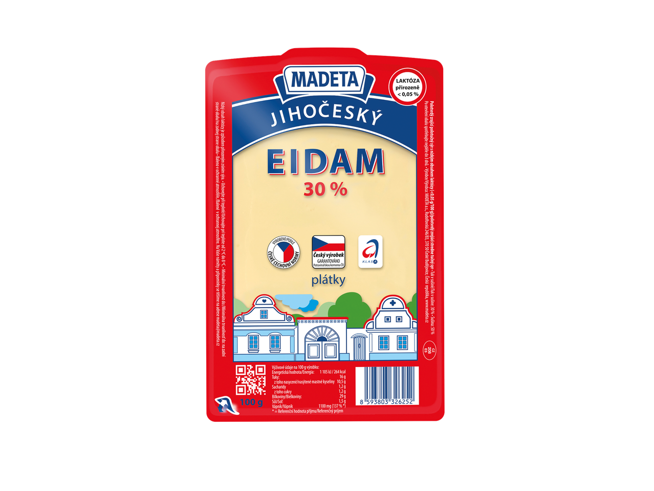 Plátky sýru Madeta Jihočeský Eidam 30%.