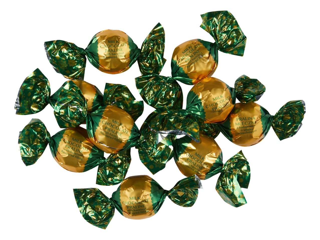 Favorina pieninio šokolado pralinės su lazdyno riešutų įdaru, žaliuose ir auksiniuose įpakavimuose