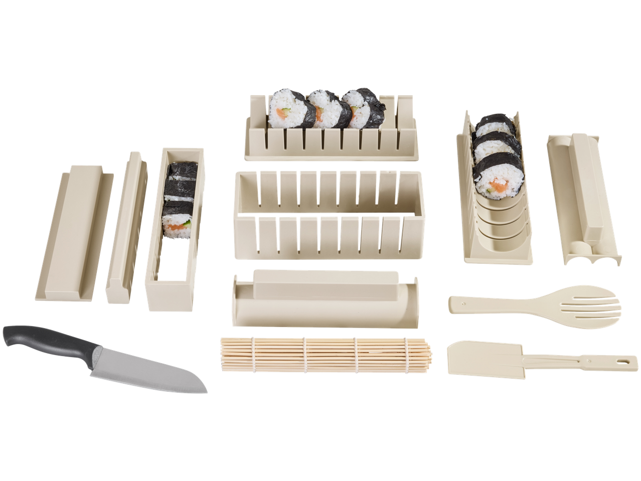 Kit de sushi Silvercrest com moldes, esteira, faca e utensílios.